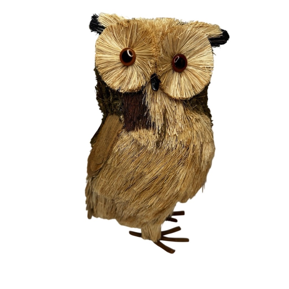 Pottery Barn Natural Owl Decorative Figure 9" Raffia Straw Woodland Fall Decor